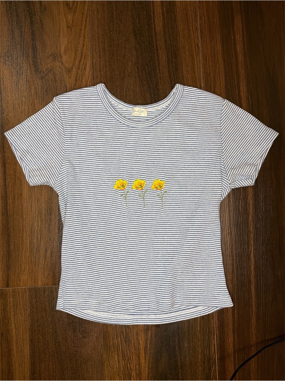 Brandy Melville Blue & White Striped Crop Top with Yellow Floral Embroidery